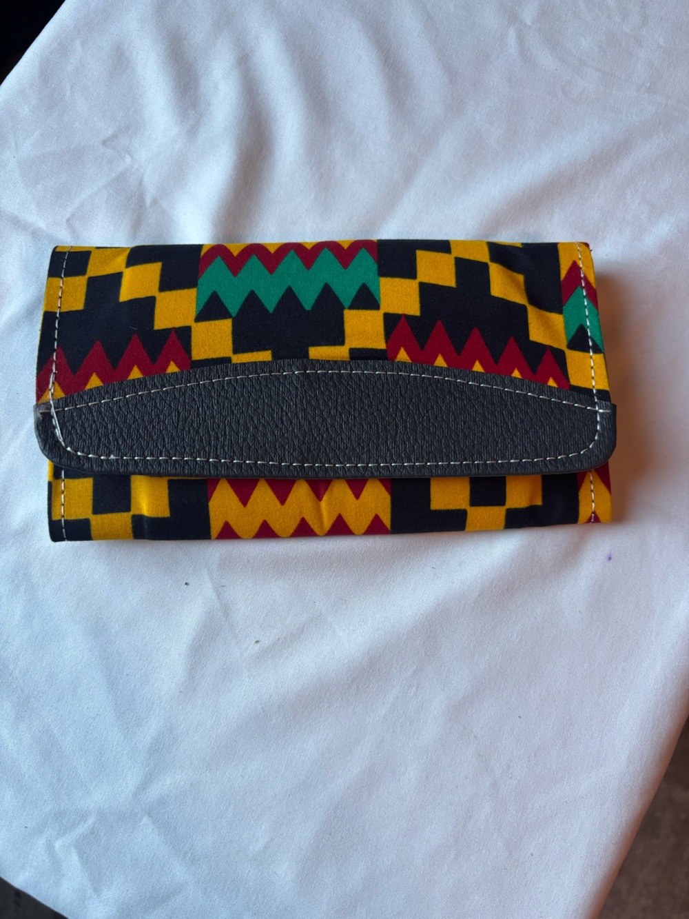 Colorful kente Print Wallet with Black Leather Accent